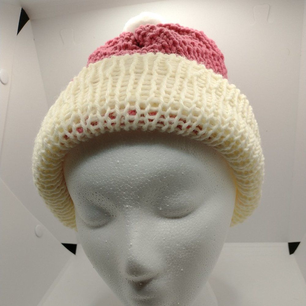 Hand Crafted Knit Unisex Hat Pink Ivory Unisex Winter Warm Beanie Slouchy Ski